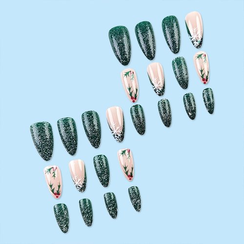 Christmas Press on Nails Medium Almond False Nails Green Fake Nails with Xmas Holly Leaves Design Glitter Glue on Nails Snowflake Acrylic Nails French Tip Stick on Nails for Women 24Pcs