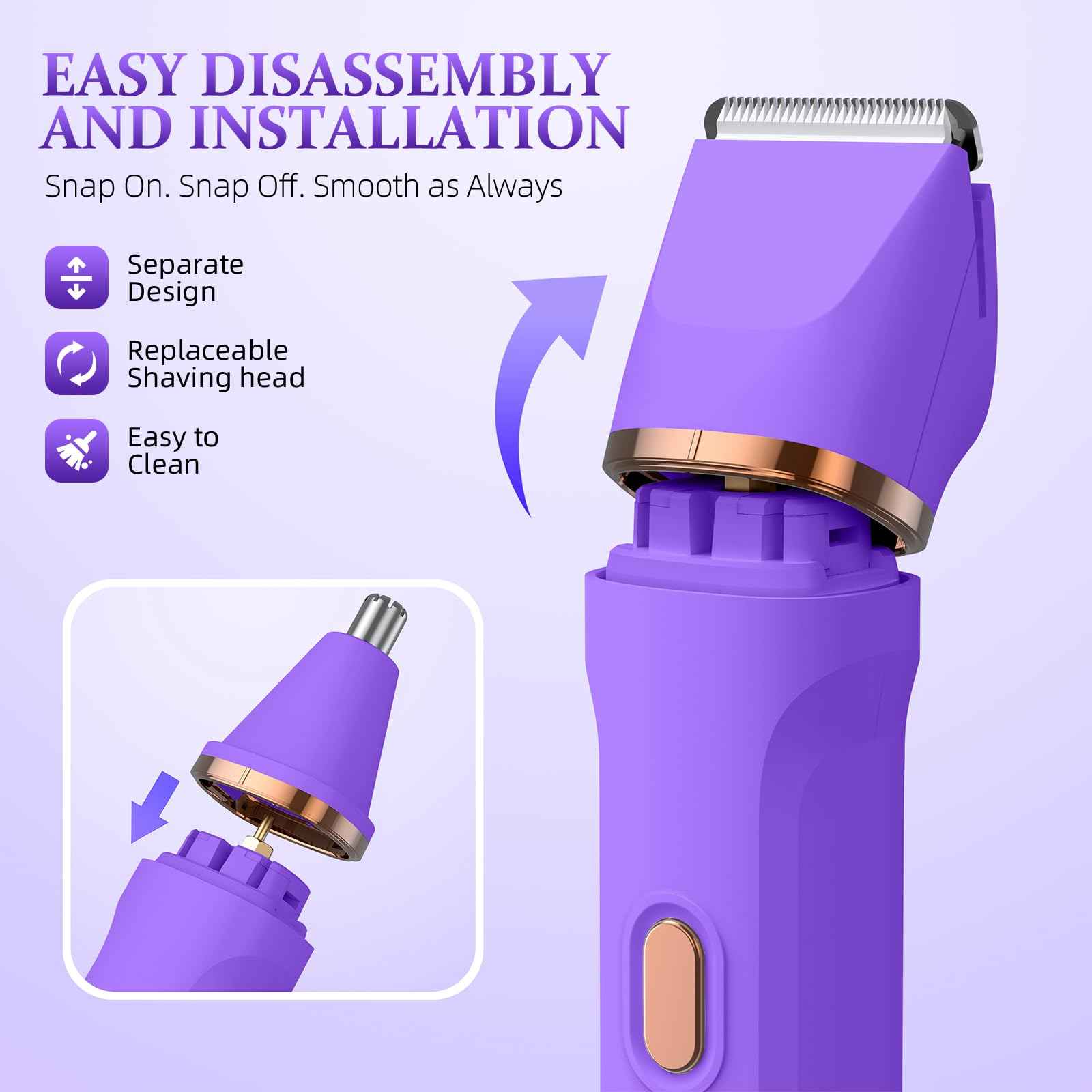 HOHOLE 5-in-1 Bikini Trimmer for Women, IPX7 Waterproof Electric Razors Shaver, Cordless Body Hair Trimmer, Facial & Pubic Hair Removal, Ceramic Blade (Light Purple)