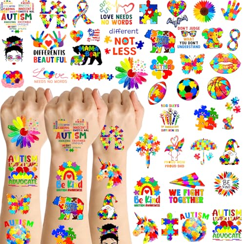 20 Sheets 172 Pcs World Autism Awareness Ribbon Temporary Tattoos Inspirational Autistic Tattoos for Inspirational Autism Awareness Accessories Fundraiser Event Party Decor