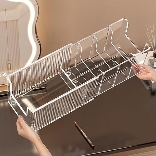 2 Pack Extendable Acrylic Makeup Organizer with Removable Dividers - Waterproof Bathroom Storage for Sheet Masks/Essences/Cosmetics, Clear Visible Design, Space-Saving Vanity Organizer