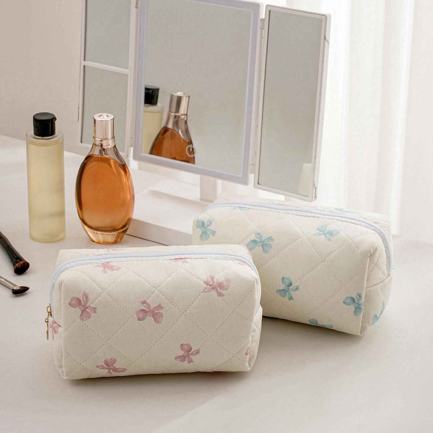 Gleyemor Small Quilted Makeup Bag for Women, Cute Floral Bow Cosmetic Bag, Emergency Bag Travel Toiletry Cotton Pouch Gifts for Girls Her Mom Friend Sister Bridesmaid (Small Pink Bowknot)