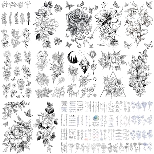 VERKSTAD Waterproof Temporary Tattoos for Women, 68 Sheets Floral Flower Butterfly