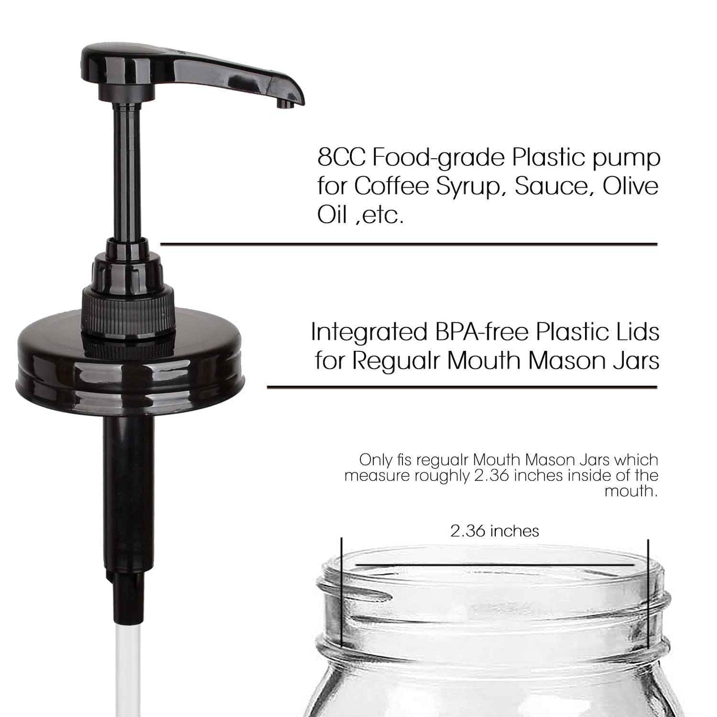 2 Pack Mason Jar Syrup Dispenser Pump Lids, Coffee Syrup Dispensers for Regular Mouth Mason Jars with Rust Proof Plastic Pumps and lids, Kitchen Food Grade Honey Dispenser Pump, Black