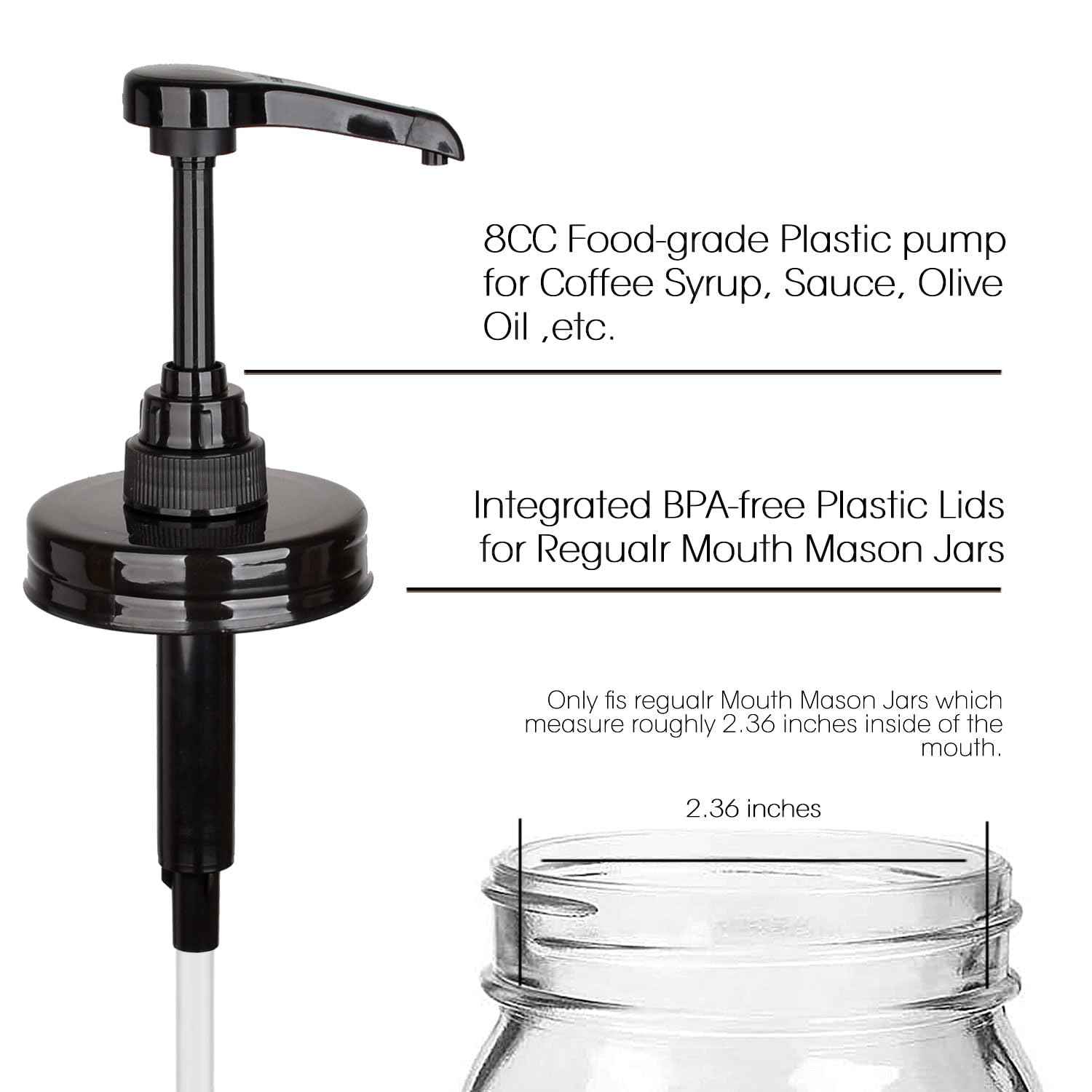 2 Pack Mason Jar Syrup Dispenser Pump Lids, Coffee Syrup Dispensers for Regular Mouth Mason Jars with Rust Proof Plastic Pumps and lids, Kitchen Food Grade Honey Dispenser Pump, Black