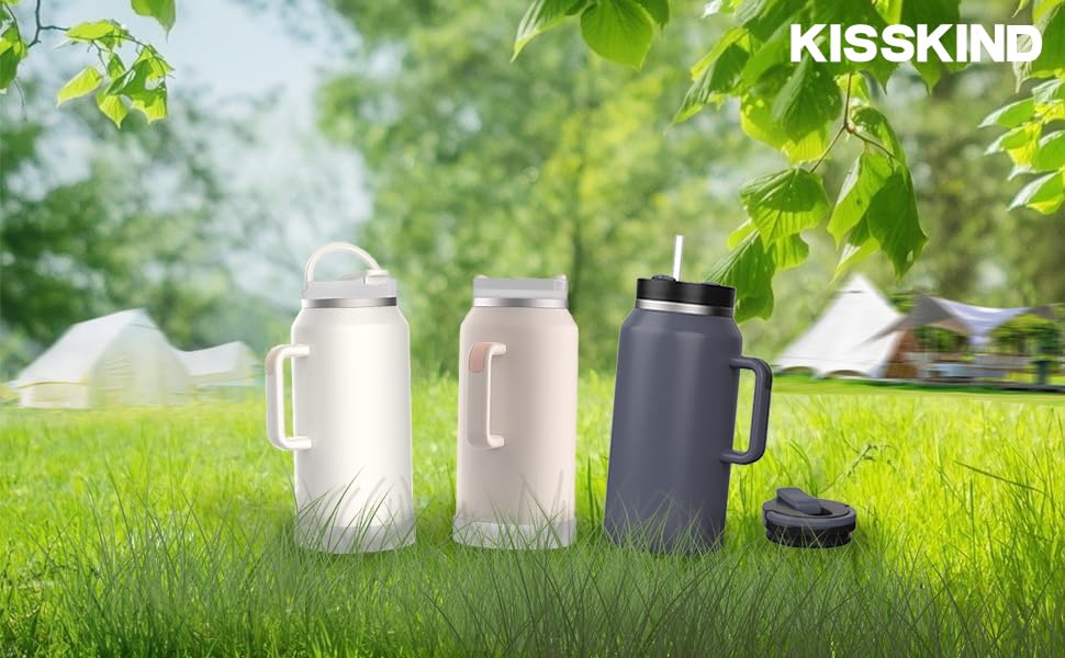 KISSKIND Water Bottle 64 oz Tumbler with Handle and Straw Half Gallon Insulated Stainless Steel Leakproof with 2 Lids Anti-slip Silicone Boot Portable Handle Gym Accessories CREAM