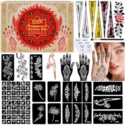 Temporary Tattoo Kit - 6 Pcs Tattoo Cones 3 Colors DIY Safe Ink (Brown, Black, Cherry Red) | Includes Reusable Stencils, Brush & Gloves | Body Art for Kids & Adults