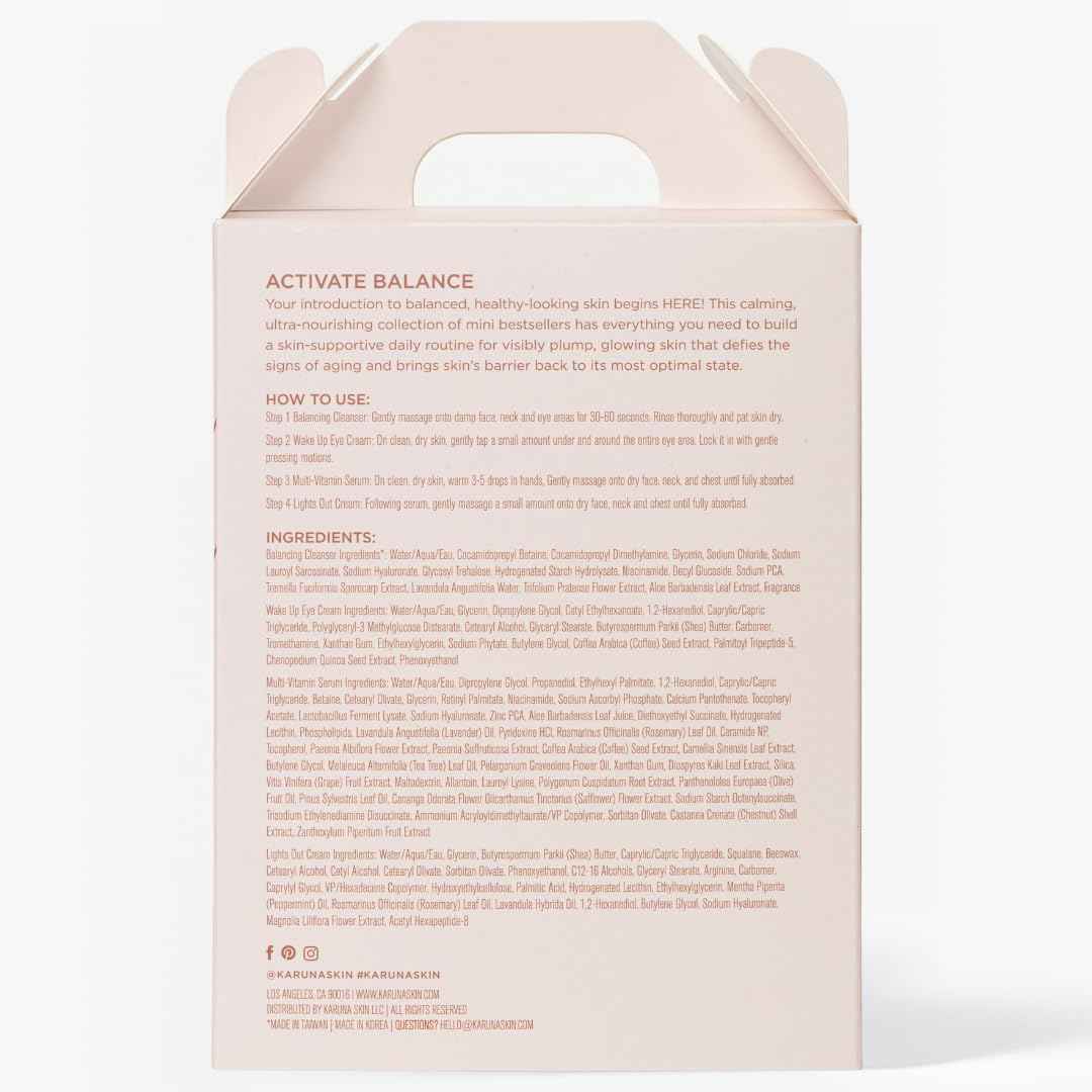 Karuna Mighty Minis, Skin Balancing Starter Set | Includes: Balancing Cleanser 1.69oz/50ml, Wake Up Eye Cream 0.17oz/5ml, Multi-Vitamin Serum 0.33oz/10ml & Lights Out Cream 0.5oz/15ml