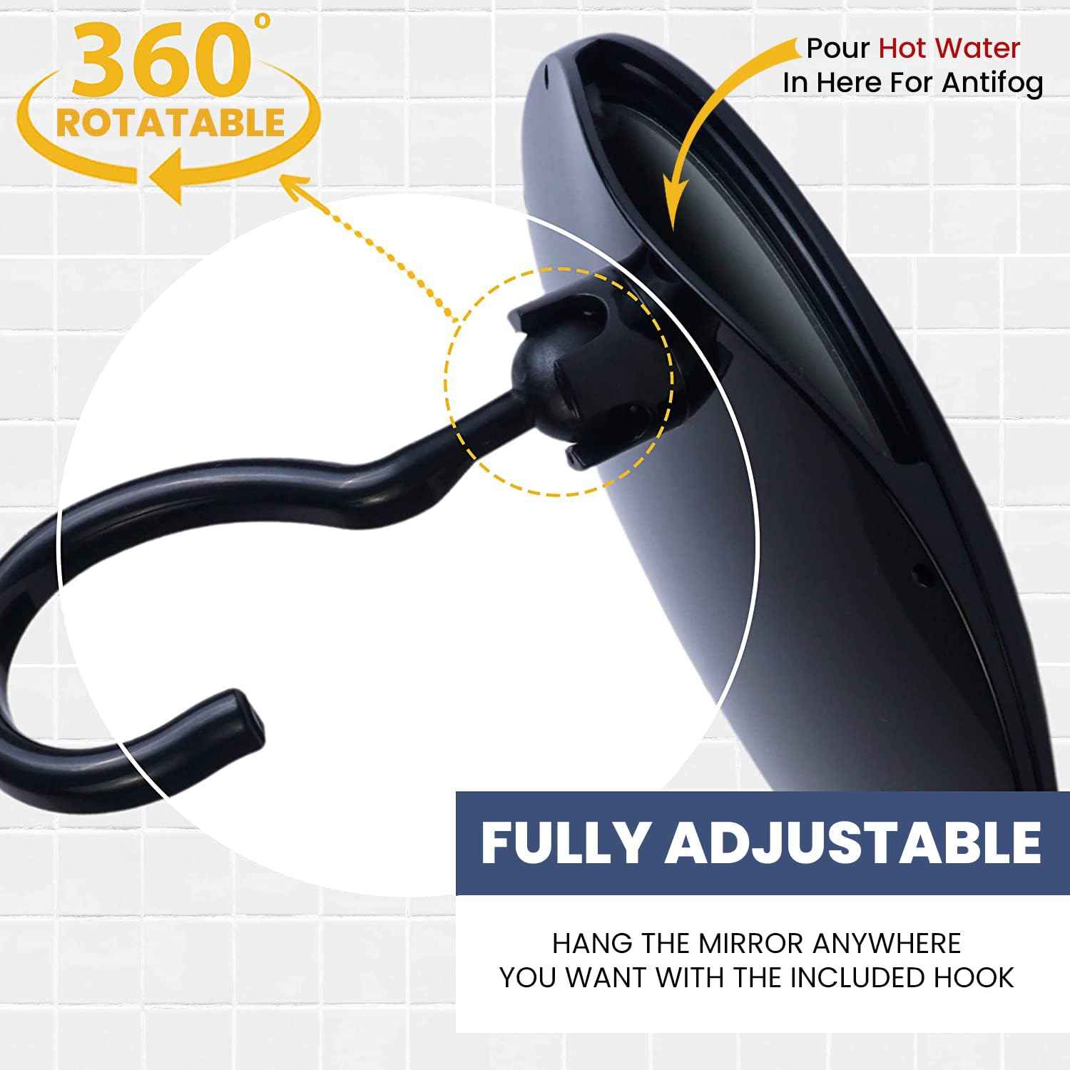 MIRRORVANA Dual Anti Fog Shower Mirror for Shaving with Hook for Hanging and Fogless Shatterproof Surface - Fill Back Chamber/Reservoir with Hot Water for Fog Free Shave (8" Diameter, Black)