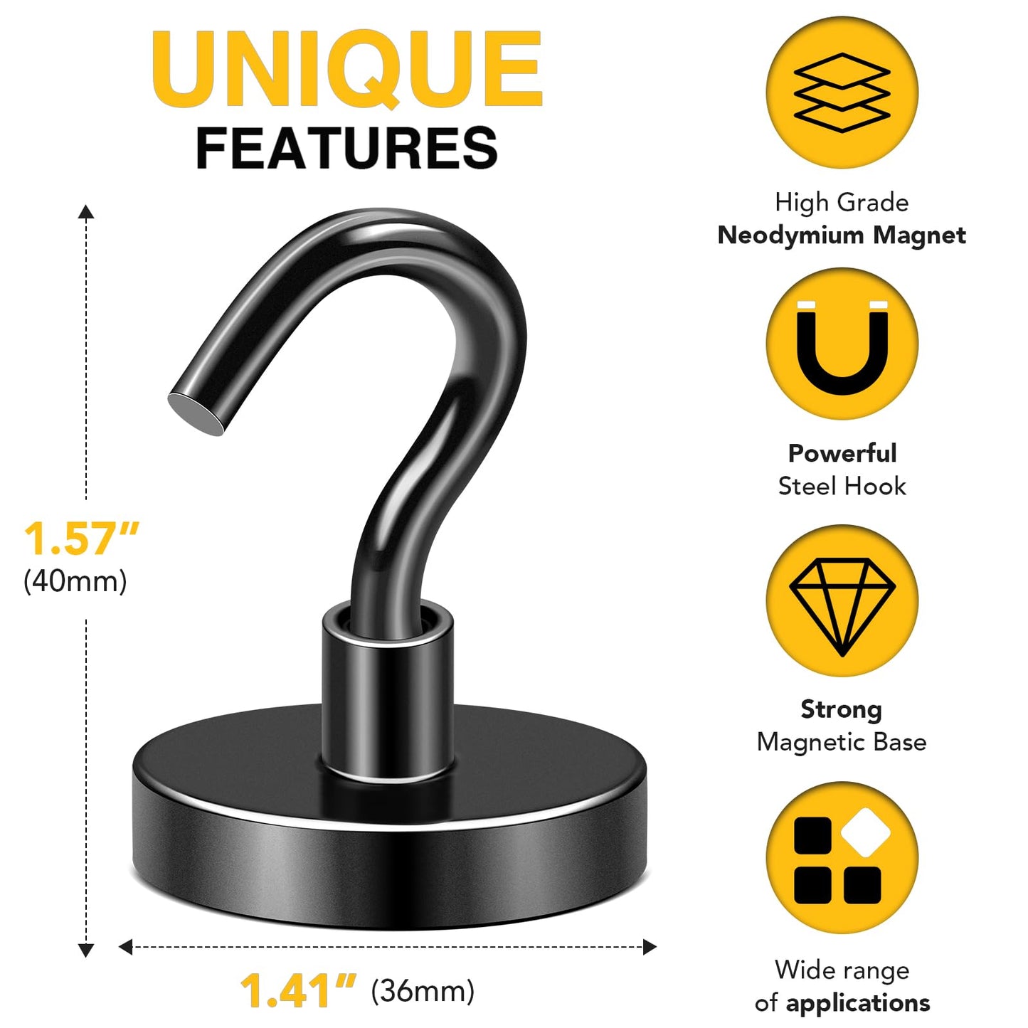 DIYMAG Black Magnetic Hooks, 150 LB Heavy Duty Strong Magnet with Hooks, Strong Rare Earth Neodymium Magnet Hooks for Hanging, Magnetic Hanger for Curtain, Home, Kitchen, Workplace, 6 Packs