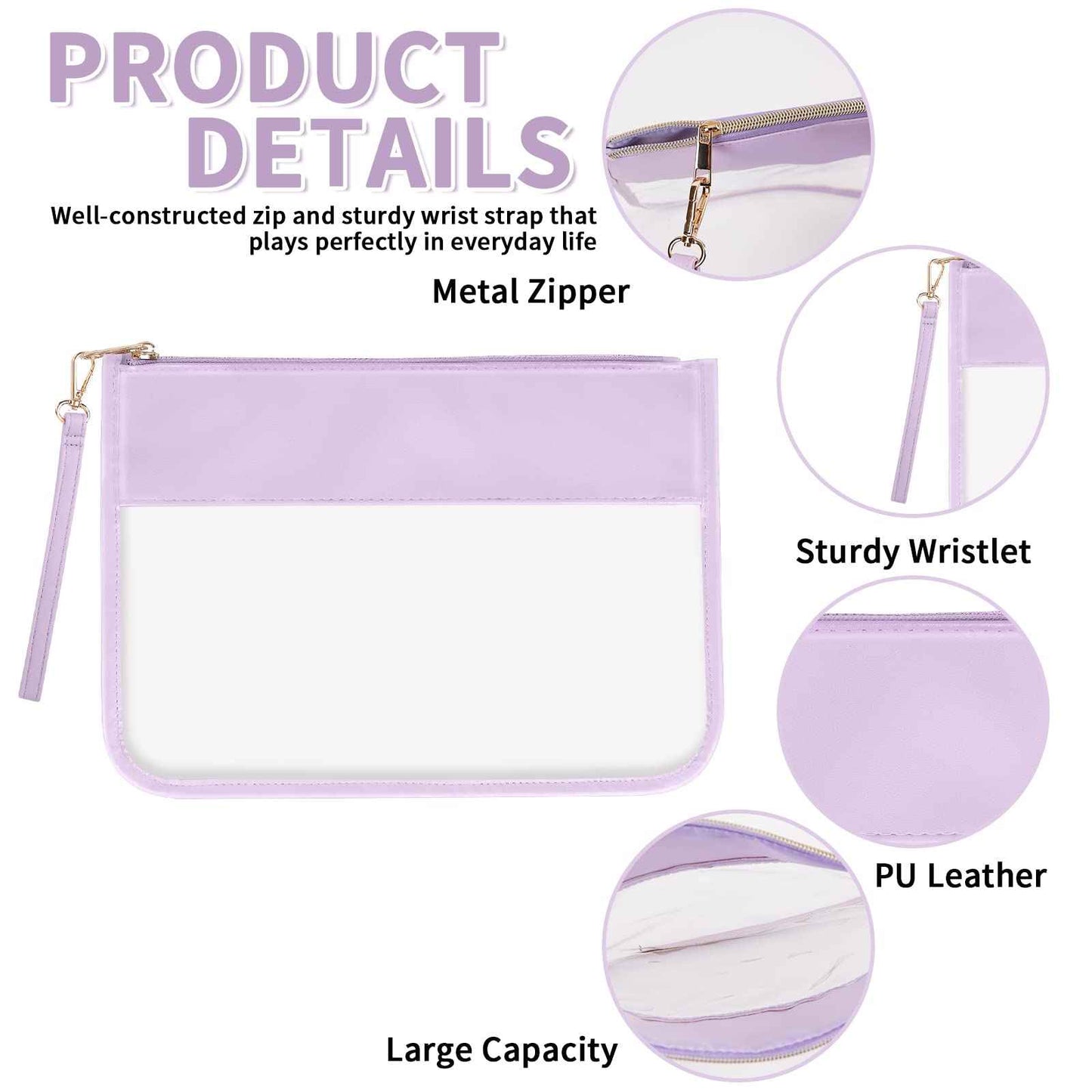 Iqimott Clear Zipper Pouch, DIY Clear Makeup Cosmetic Bag Purse for Women Girls, Chenille Letter Travel Toiletry Bag(Purple)