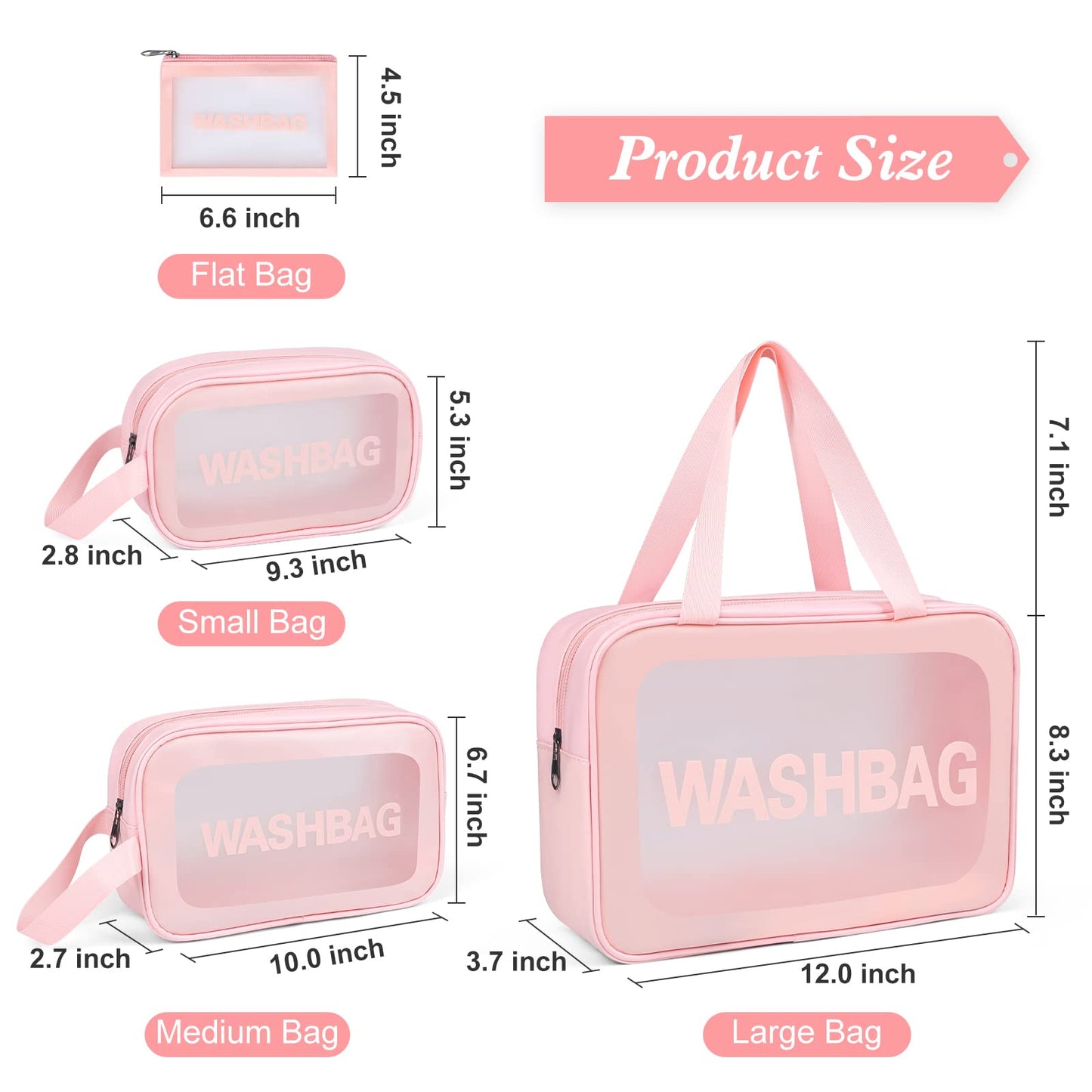 YuanCheng Upgrade Travel Toiletry Bags for Women, Pack-4 Different Size Make Up Bags with Handle, Large Capacity Translucent Waterproof Travel Cosmetic Bags (Comestic Bag-Pink)