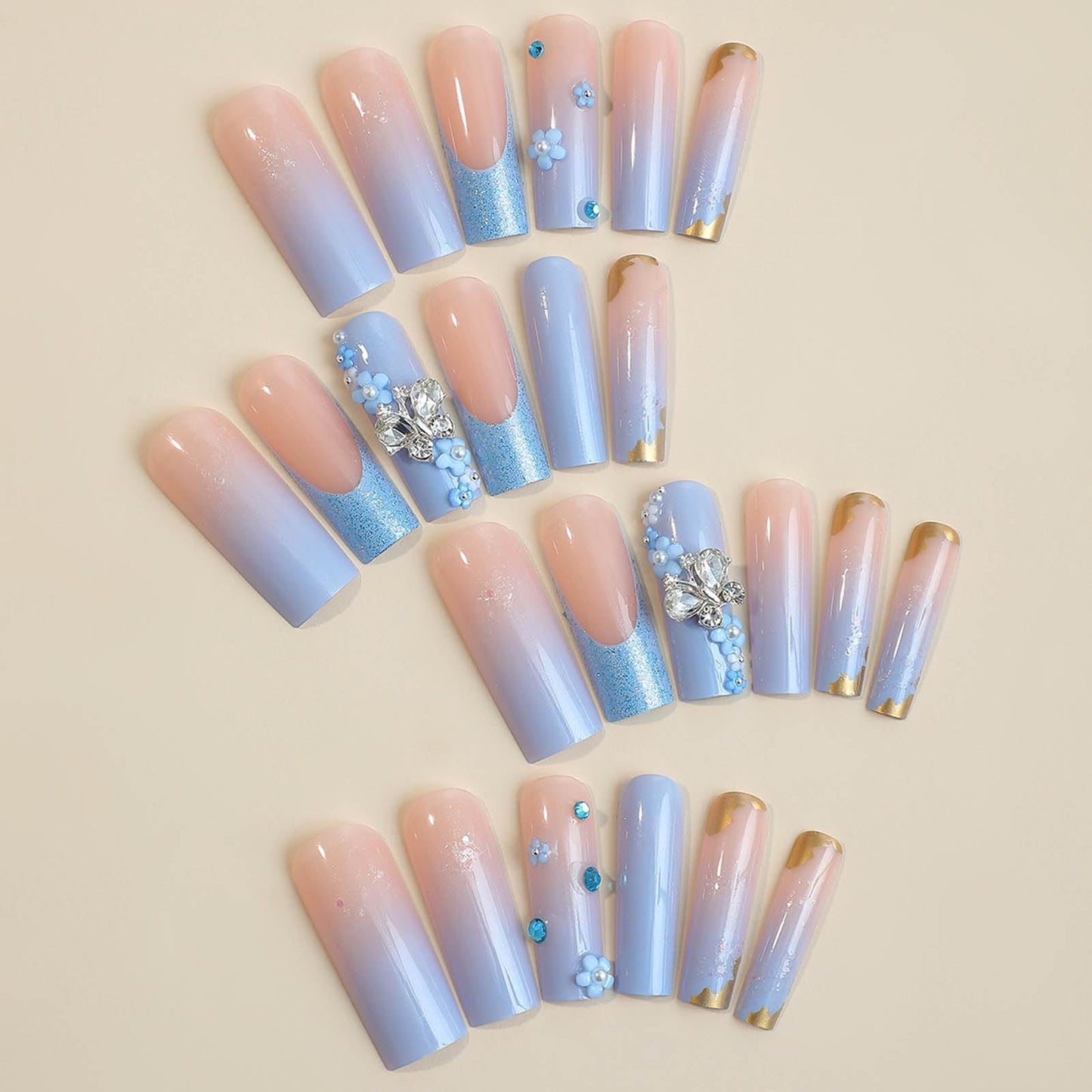 Rchovsam Blue Extra Long Press on Nails Square Fake Nails Butterfly Flowers with Diamond Stick on Nails Glue on Nails Blue with Glitter Square Press on Nails for Wemon and Girls 24pcs