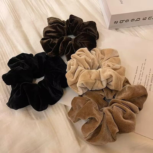 TUCEWP Velvet Scrunchies for Women Girls 4Pcs Large Brown Black Scrunchies Long Thick Curly Hair Soft Hair Bands Neutral Scrunchies Cute Ponytail Holders No Damage Elastic Hair Ties Hair Accessories