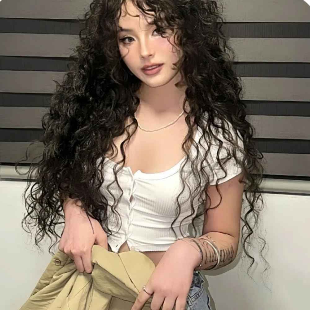 QJK Long Density Curly Wigs for Woman Dark Brown 25.6 Inch/65cm Natural Color Synthetic Hair Daily Use Cosplay