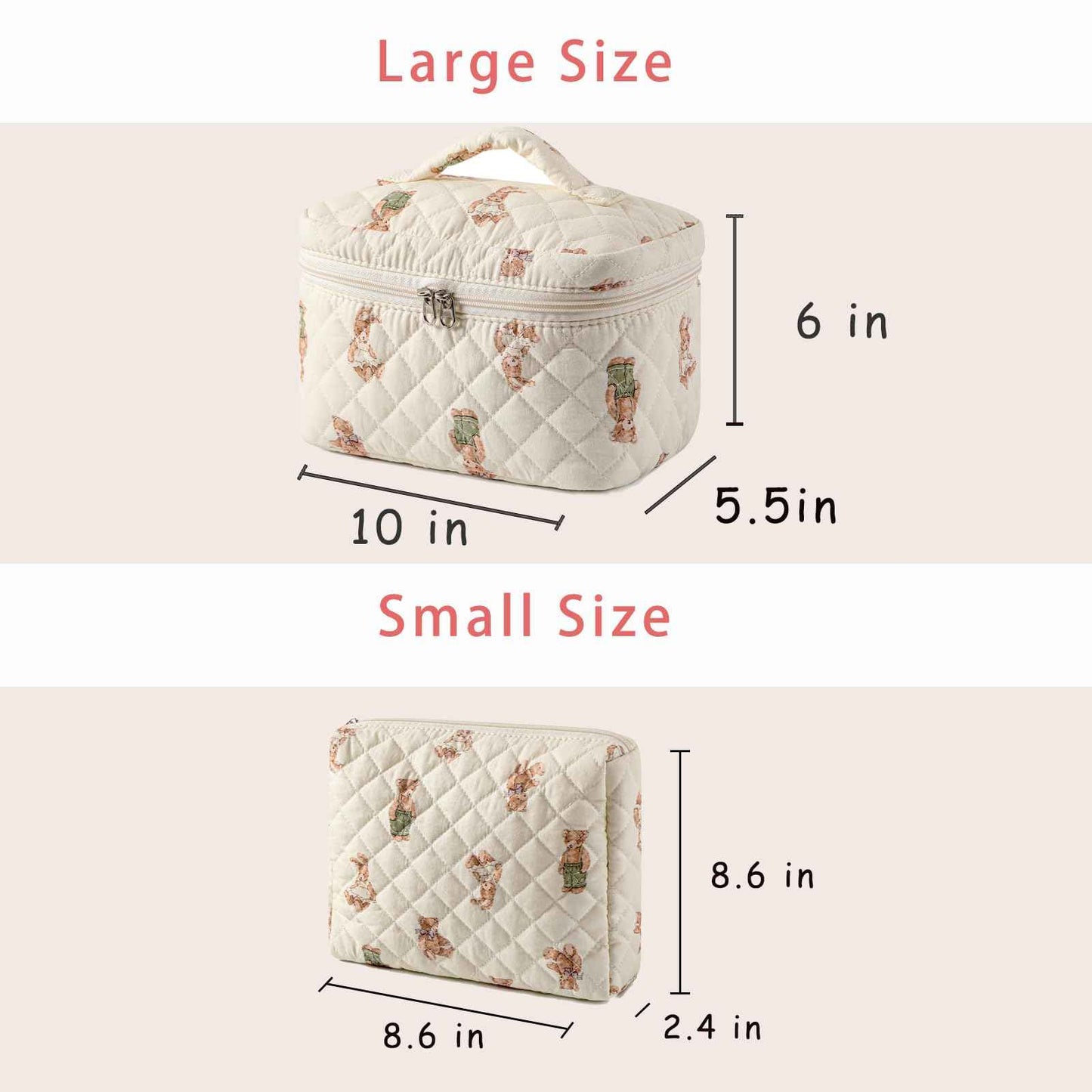 RSRSLEII 2 Pcs Quilted Cotton Makeup Pouch, Coquette Floral Quilted Toiletry Makeup Bag for Women and Girls, Aesthetic Travel Organized Cosmetic Bags(02Bear Pattern)