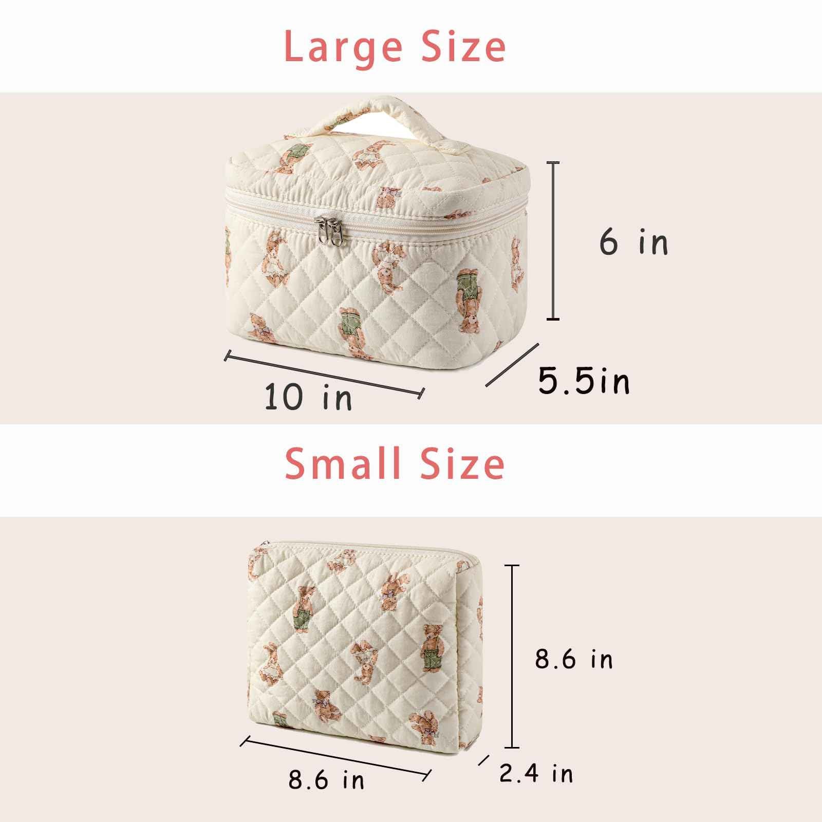 RSRSLEII 2 Pcs Quilted Cotton Makeup Pouch, Coquette Floral Quilted Toiletry Makeup Bag for Women and Girls, Aesthetic Travel Organized Cosmetic Bags(02Bear Pattern)