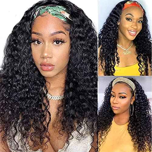 WENYAN Headband Wig Human Hair Deep Wave 18 Inch Wigs for Black Women Glueless None Lace Front Curly Wave Wig Brazilian Virgin Hair Wear and Go Wigs Machine Made 150% Density Natural Color