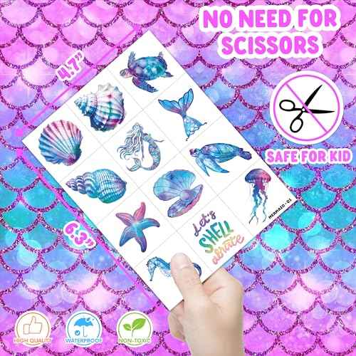 96 PCS Mermaid Ocean Sea Pre-Cut Temporary Tattoos for Kids | Super Cute Themed Birthday Party Favors, Supplies, Decorations, Purple Fake Tattoo Stickers (Multiple)