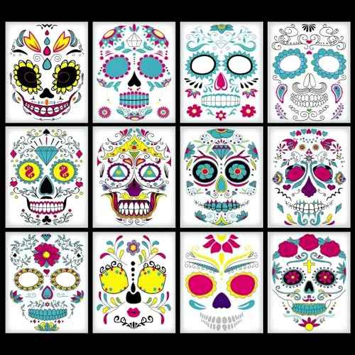 12 PCS Day of the Dead Costume Tattoos for Halloween - Temporary Sugar Skull Face Stickers for Makeup, Masquerade, Parties. Halloween tattoos, Face & Body Tattoos for Events. Day of the Dead Tattoos
