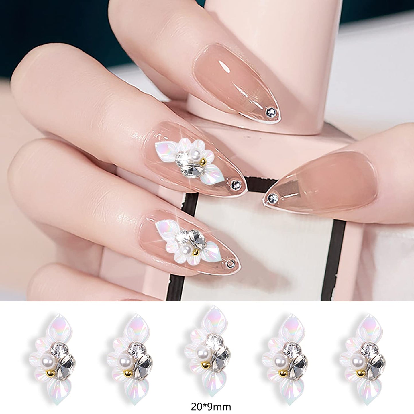 XEAOHESY 20pcs White Flower Nail Charms, 3D Flower Beads for Nails Resin & Acrylic Crystals, Flat Back Nail Art Accessories for Women