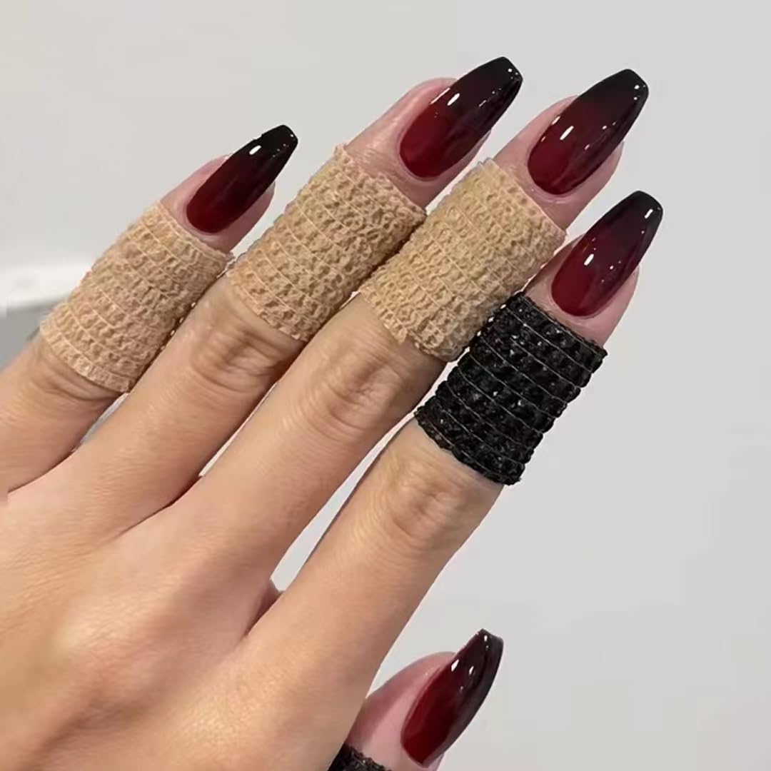 Magrace Press on Nails Medium Coffin Fake Nails Tips Wine Red False Nails Press on 24 Pcs Stick on Nails for Women and Girls (A-9)