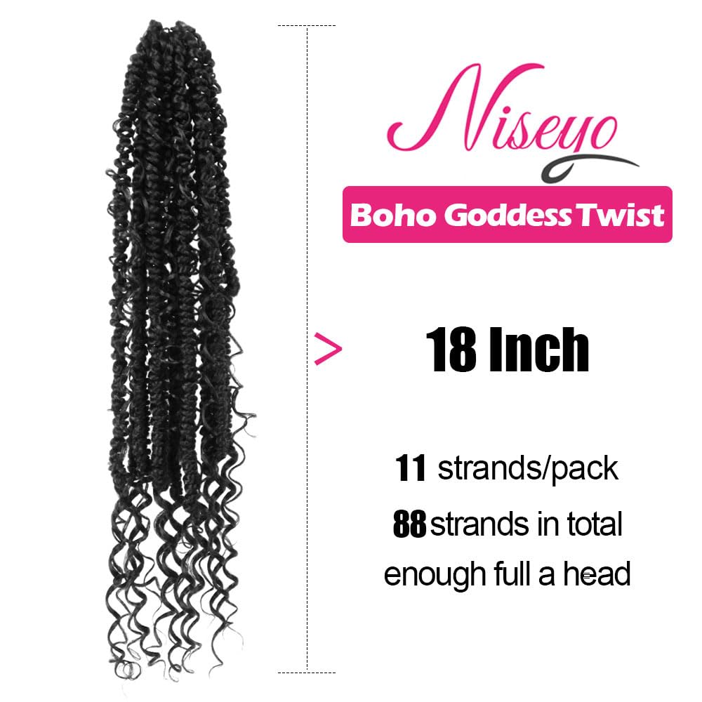 NISEYO Goddess Passion Twist Crochet Hair with Curly Ends 18 Inch, 8 Packs Boho Style Crochet Passion Twist Hair Pre looped, Long Pre-twisted Boho Braids (1B,Natural Black)