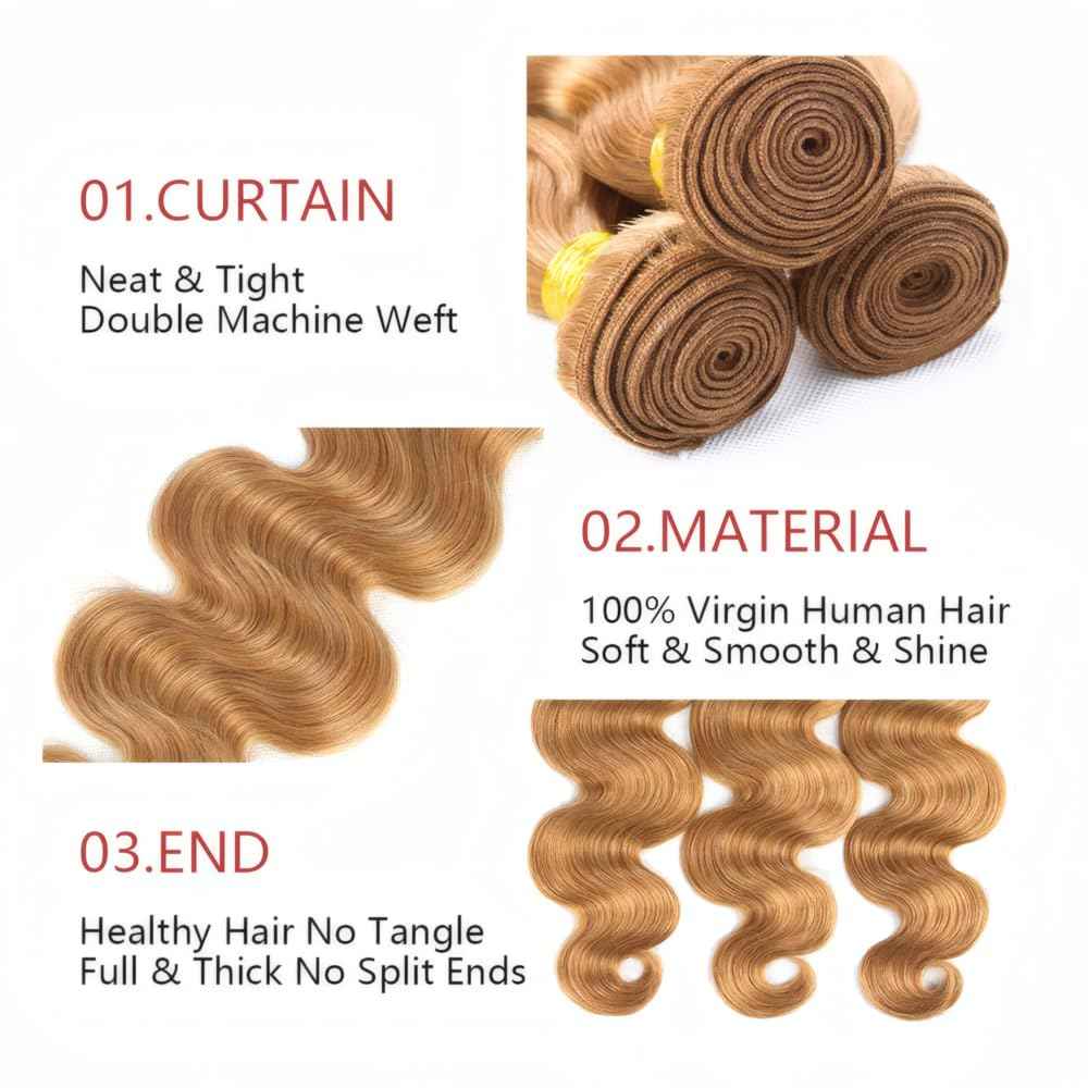 LOIUMGUU Honey Blonde Human Hair Bundles Color #27 Body Wave Bundles 8 10 12 Inch Double Weft Soft Unprocessed Brazilian Virgin Remy Double Weft Soft Real Blonde Hair Extensions