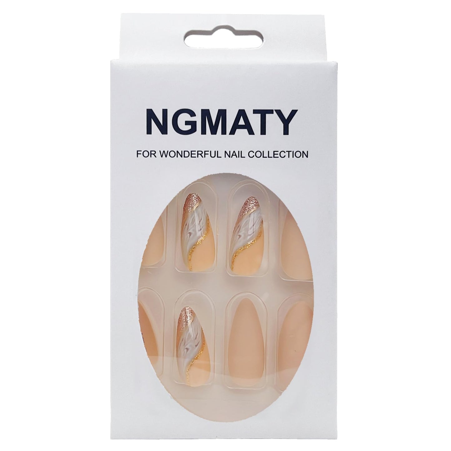 NGMATY Press On Nails Gold Curve Color Smudge Silver Glitter Solid Frosted Hand Medium Almond Shape Wearable Nails 12 Sizes 24 Pcs Gel False Nail Set