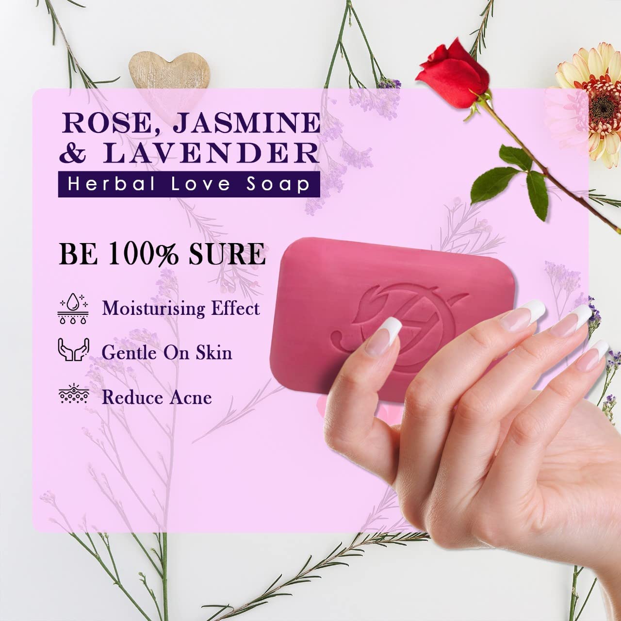 HERBOGANIC Rose, Jasmine & Lavender Herbal Soap | Natural Rose Soap Bar with Jasmine and Lavender Extracts | All Natural | Equally Effective for Men and Women | 5 oz Bar | Pack of 3