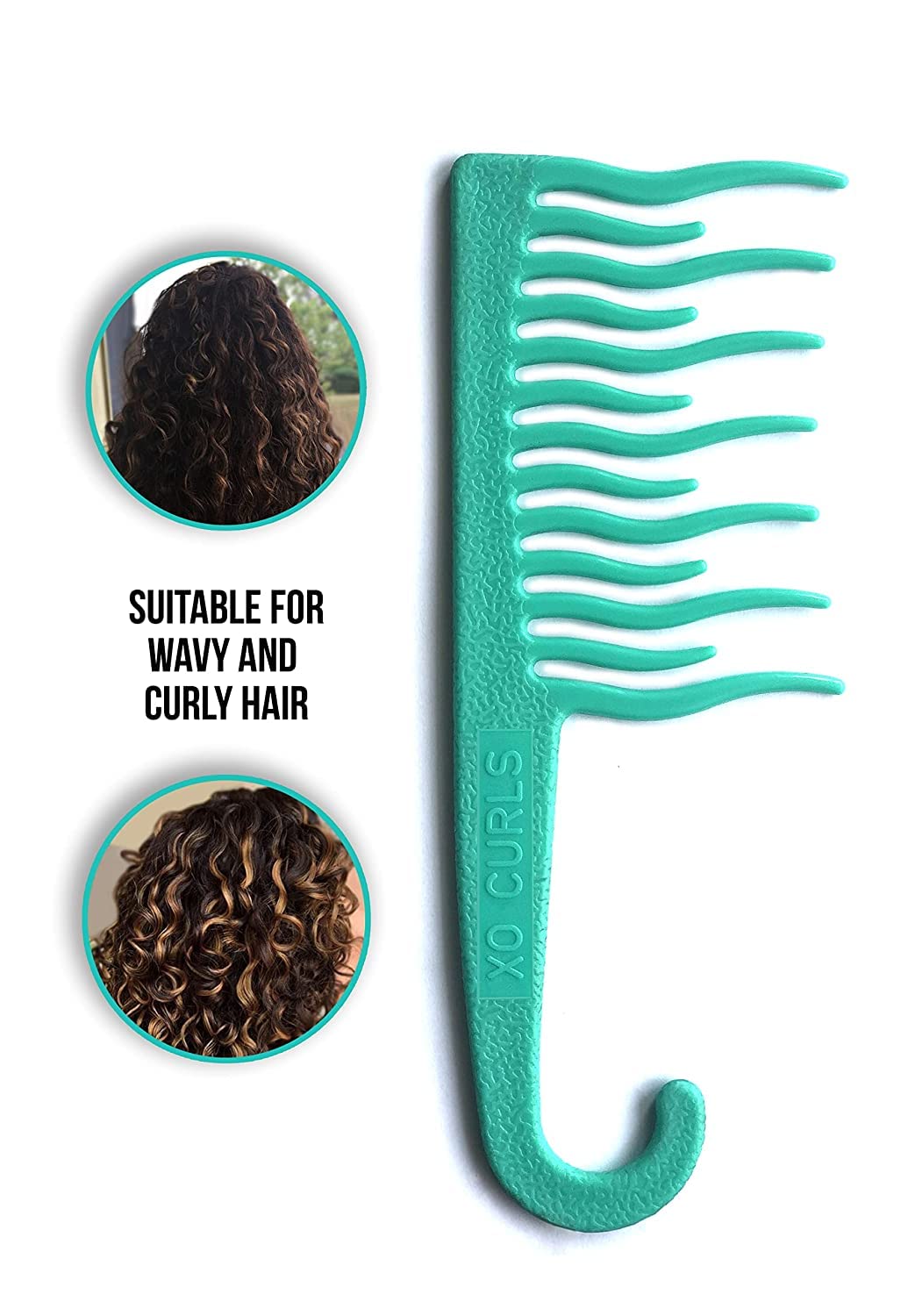 XO Curls Shower Detangling Comb - wide tooth comb with hook for easy hanging in shower, removes knots and tangles gently