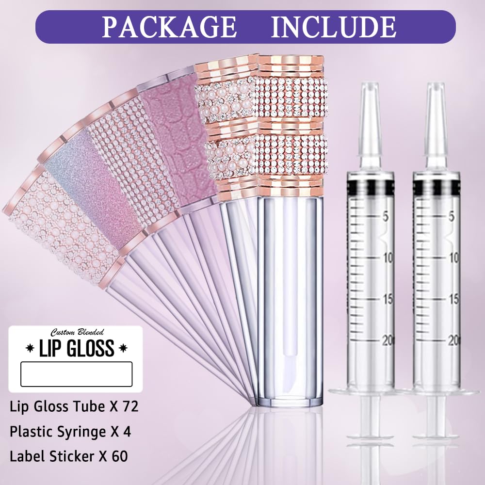 AMORIX 24 Pack 5ml Lip Gloss Tubes with Wand Multi-styles Rhinestone Lip Gloss Containers Crystal Lip Gloss Supplies Kit + 2pcs Syringes + Labels for DIY Lip Gloss Base