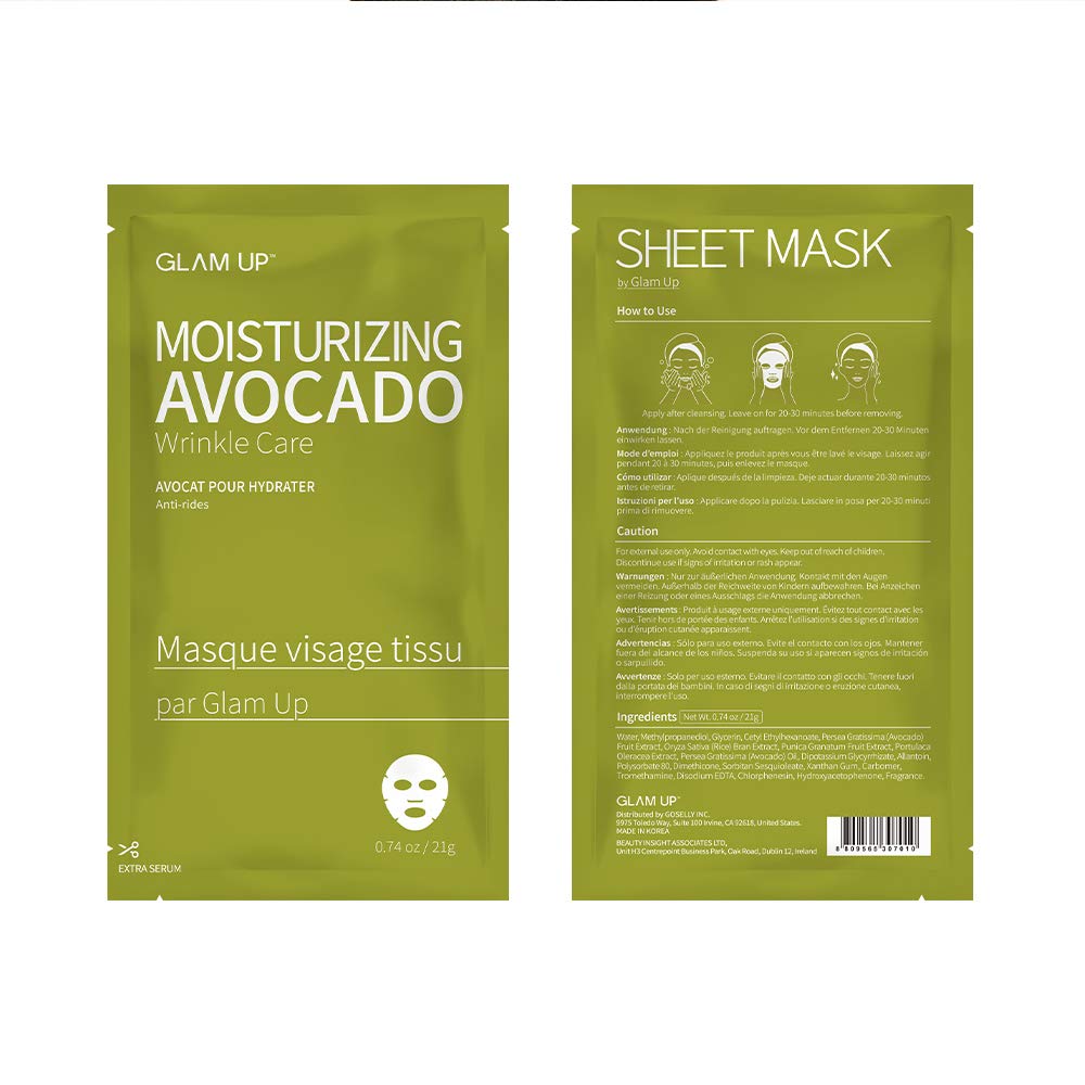 GLAM UP Sheet Mask Moisture Avocado (10 sheets) - Deep Hydration, Nourishing for Dry Skin