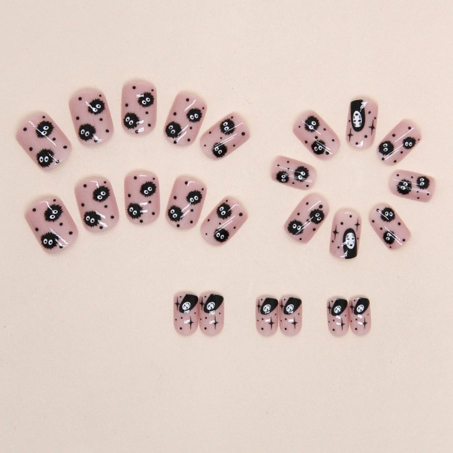 Halloween Press on Nails, Short Square Fake Nails Nude Pink False Nails Glossy Acrylic Nails Star Little Devil Virus Halloween Stick on Nails Full Cover Artificial Nails for Women Girls Manicure 24Pcs