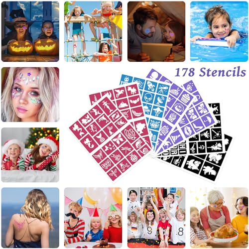 Temporary Glitter Tattoos Kit for Kids,48 Glitter Colors, 178 Stencils,4 Glue,5 Brushes,Adults and Kids Arts Glitter Kit,Wonderful Holiday Gifts for Girls & Boys.