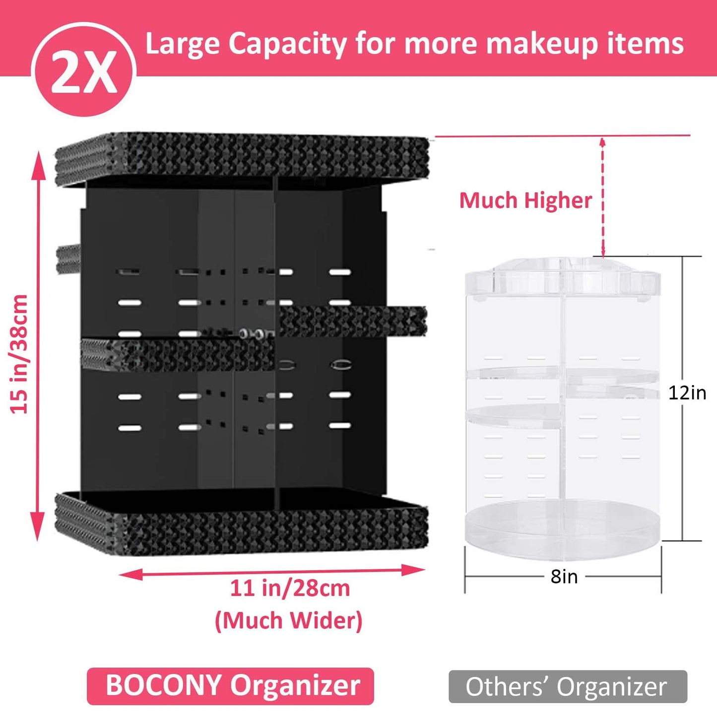 BOCONY Rotating Makeup Organizer, Large Capacity Cosmetic Display Case, Acrylic Skincare Organizer with Brush Holder, Makeup Storage Organizer for Dresser Countertop and Bathroom Vanity - Black