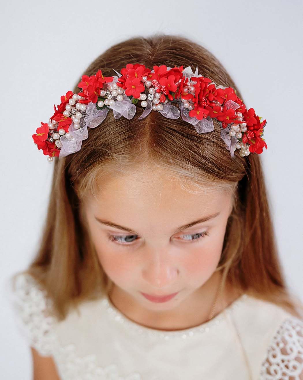 Campsis Flower Princess Headbands Pearl Communion Hair Accessories Crystal Birthday Photography Hair Band for Women and Girls (Red)