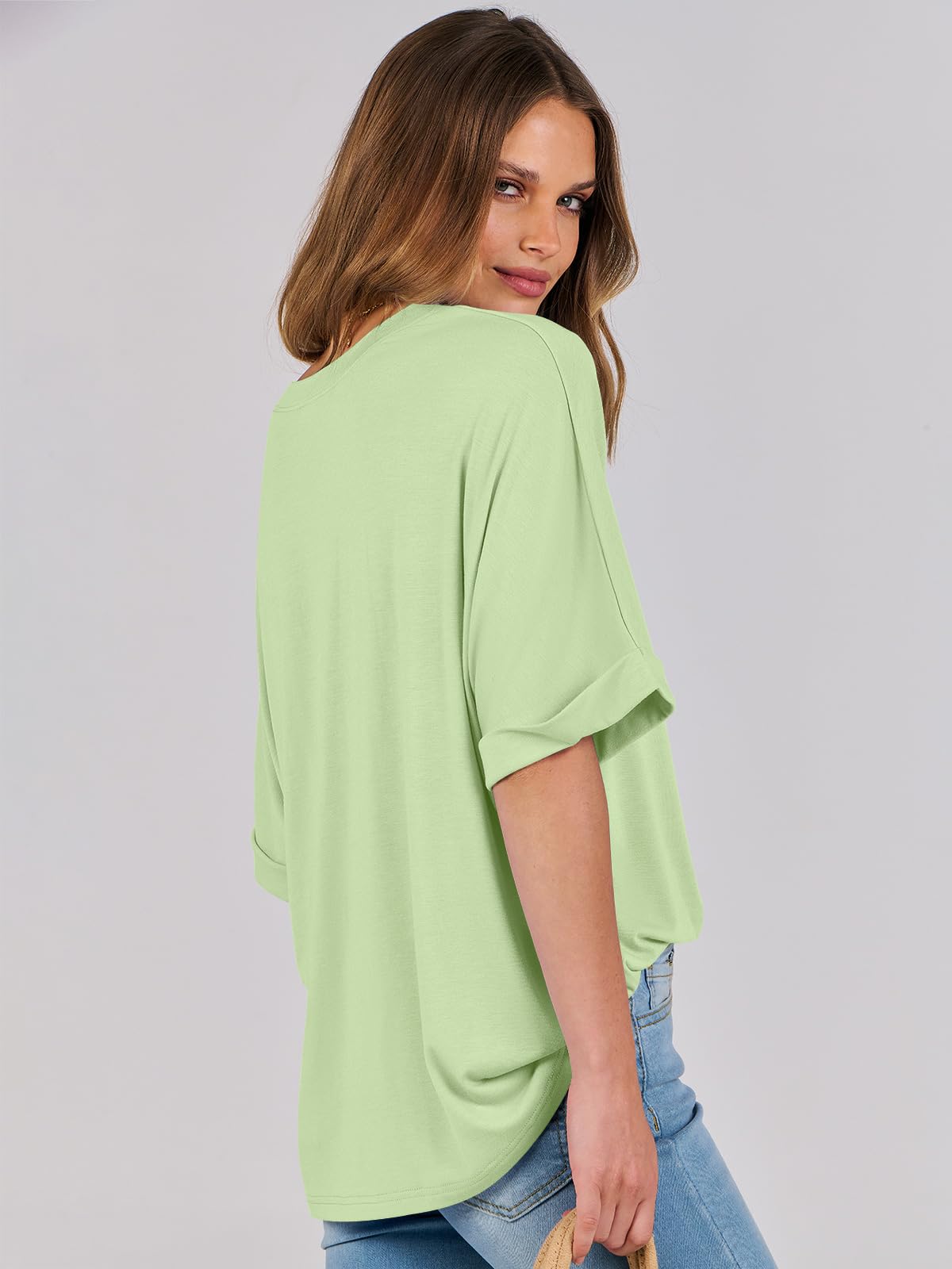 ANRABESS Women's Oversized T Shirts Short Sleeve Crewneck Summer Tops Casual Loose Basic Tee Shirts 2024 Trendy Clothes Light Green Small