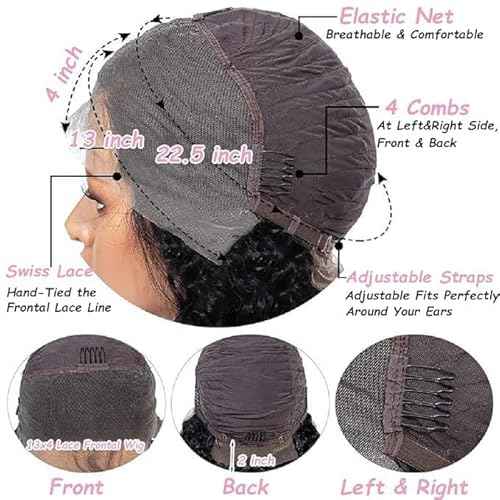 Deep Wave Bob Wig Human Hair 14 Inch 13x4 Lace Front Bob Wigs Human Hair Pre Plucked 180 Density HD Transparent Lace Front Human Hair Wigs for Black Women Natural Black