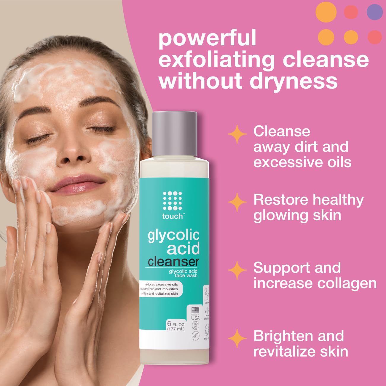 10% Glycolic Acid Face Wash - Exfoliating, Non Drying & Foaming AHA Cleanser - Anti-Aging, Skin Tone & Texture, Wrinkles, Pores, Blackheads - Sulfate Free, Oil Free, & Low PH - 6 oz.