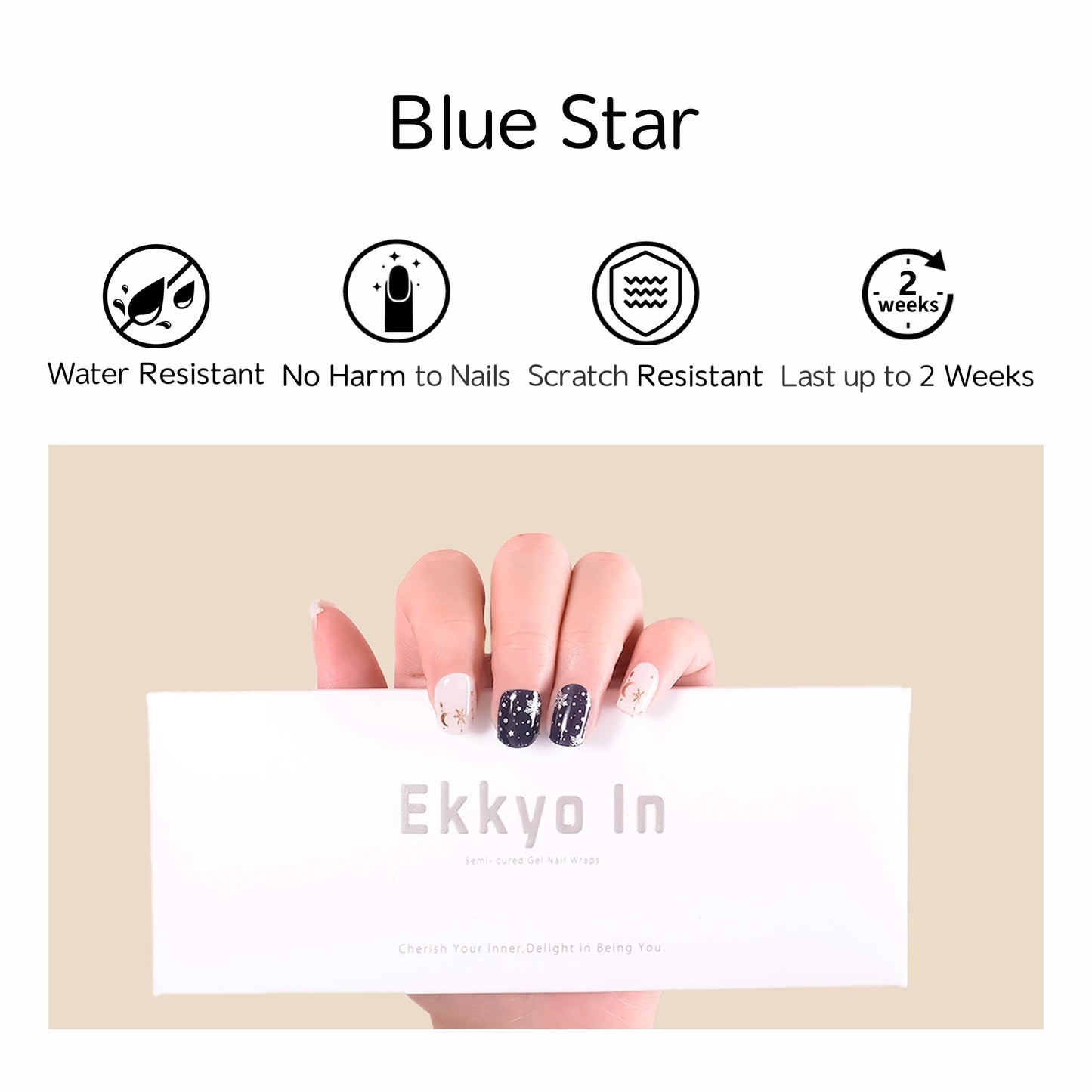 Ekkyo In Semi Cured Gel Nail Strips, Easy to Use Gel Nail Wraps, Long Lasting, Get Salon-Quality Nail Art Strips at Home, Includes 20 Pcs Nail Stickers, Prep Pads, Nail File, Wooden Stick, Blue Star