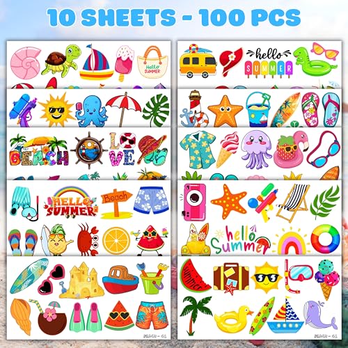Summer Temporary Tattoos Stickers - 100 Pcs Beach Party Decorations Supplies Favors Pool Hello Summer Birthday Party Themed Cute Gifts Boys Girls Ideal Prizes Rewards School Classroom