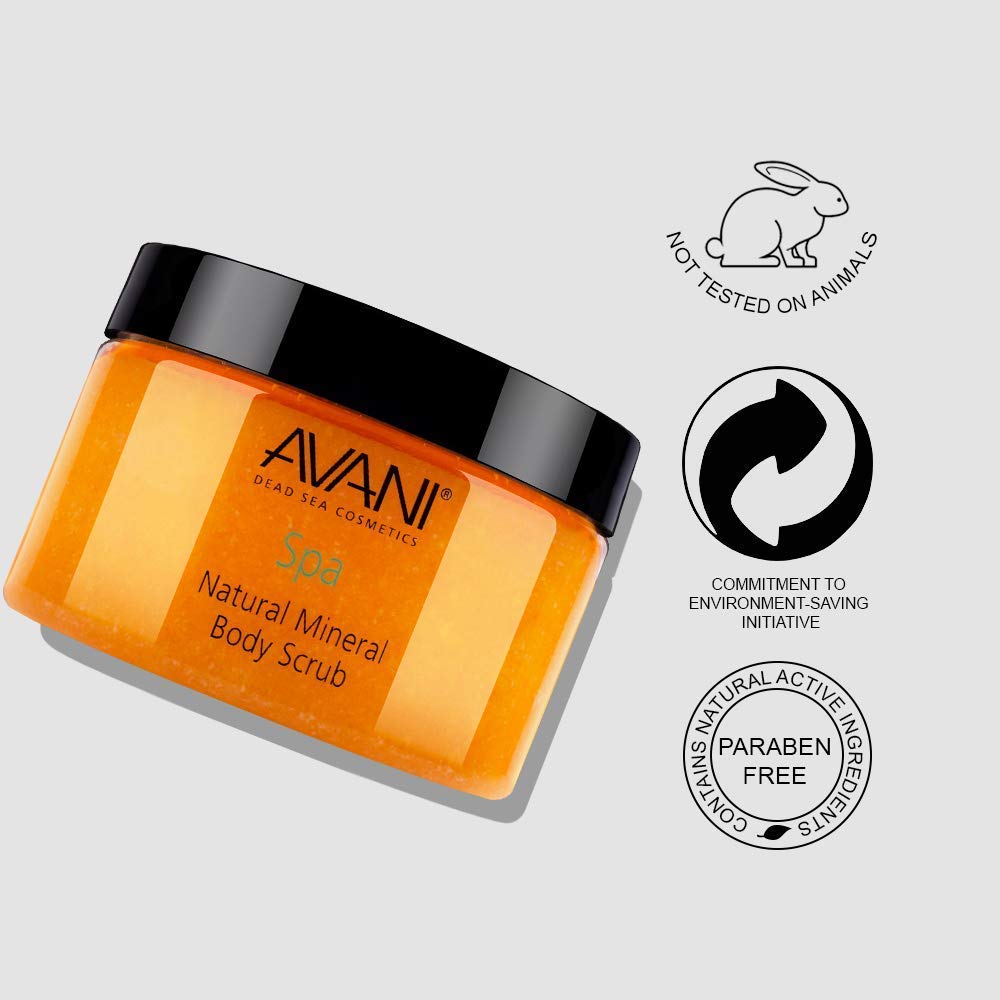 Avani Natural Mineral Body Scrub - Dead Sea Salt, Vitamin E, Jojoba, Sunflower, Sweet Almond - Exfoliating Formula for All Skin Types - Milk/Honey