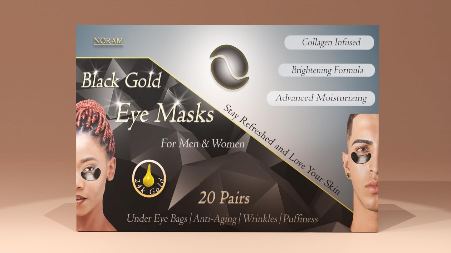 24k Black Gold Under Eye Masks (20 Pairs) by Noram | For: Puffiness, Wrinkles, Dark Circles, Under Eye Bags, Skin Brightening, Anti-Aging - Rejuvenating Eye Masks