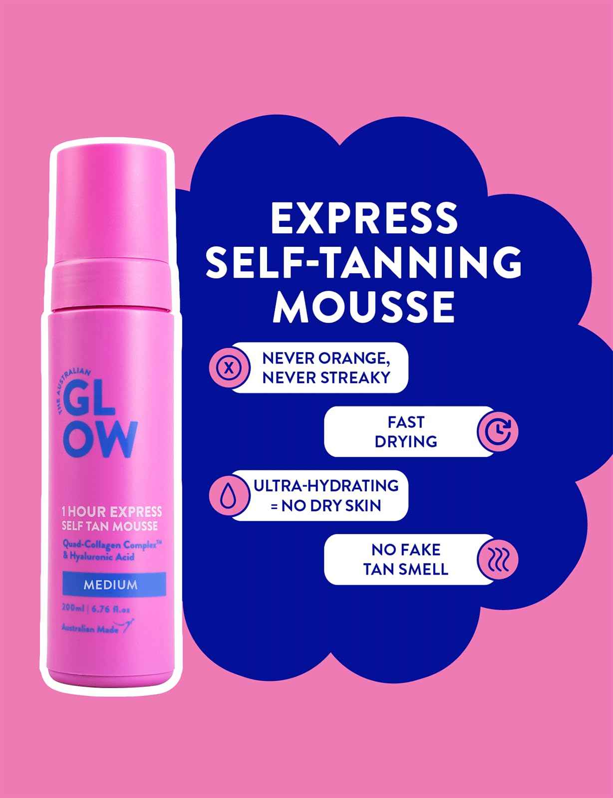 Australian Glow 1 Hour Express Self Tanning Mousse w/Quad-Collagen Complex & Hyaluronic Acid, MEDIUM - 6.76 fl. oz / 200ml
