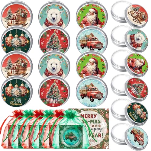 48 Set Canned Christmas Lip Balms Set Round Honey Christmas Moisturizing Moisturizer Lip Care Balm Party Favors with Bag Card for Xmas Holiday Stocking Stuffers Employee Appreciation Gifts