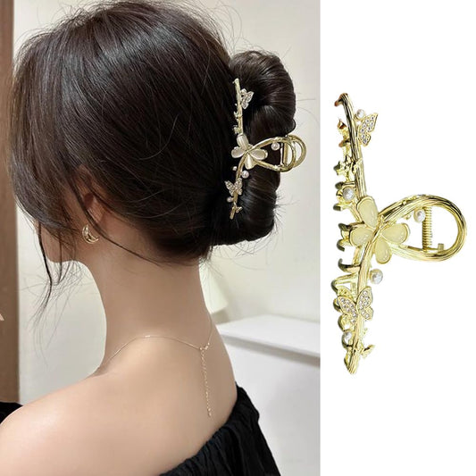 Metal Gold Butterfly Hair Claw Clips with Cat Eye Stone - Large No-Slip Rhinestones and Pearl Barrettes for Women's Thick/Thin Hair