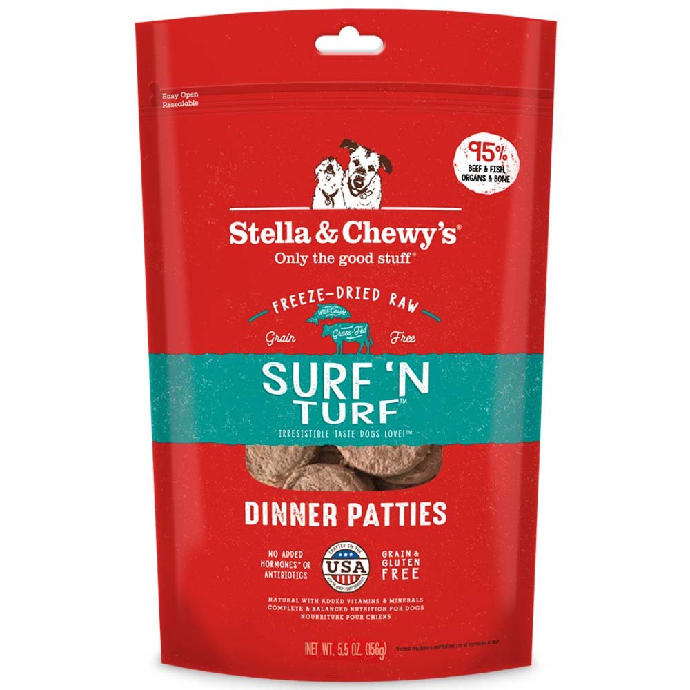 Stella & Chewy's Freeze Dried Raw Dinner Patties – Grain Free Dog Food, Protein Rich Surf ‘N Turf Salmon & Beef Recipe – 5.5 oz Bag