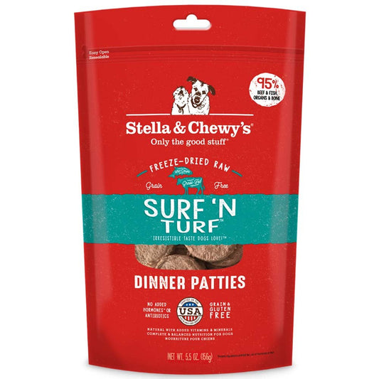 Stella & Chewy's Freeze Dried Raw Dinner Patties – Grain Free Dog Food, Protein Rich Surf ‘N Turf Salmon & Beef Recipe – 5.5 oz Bag