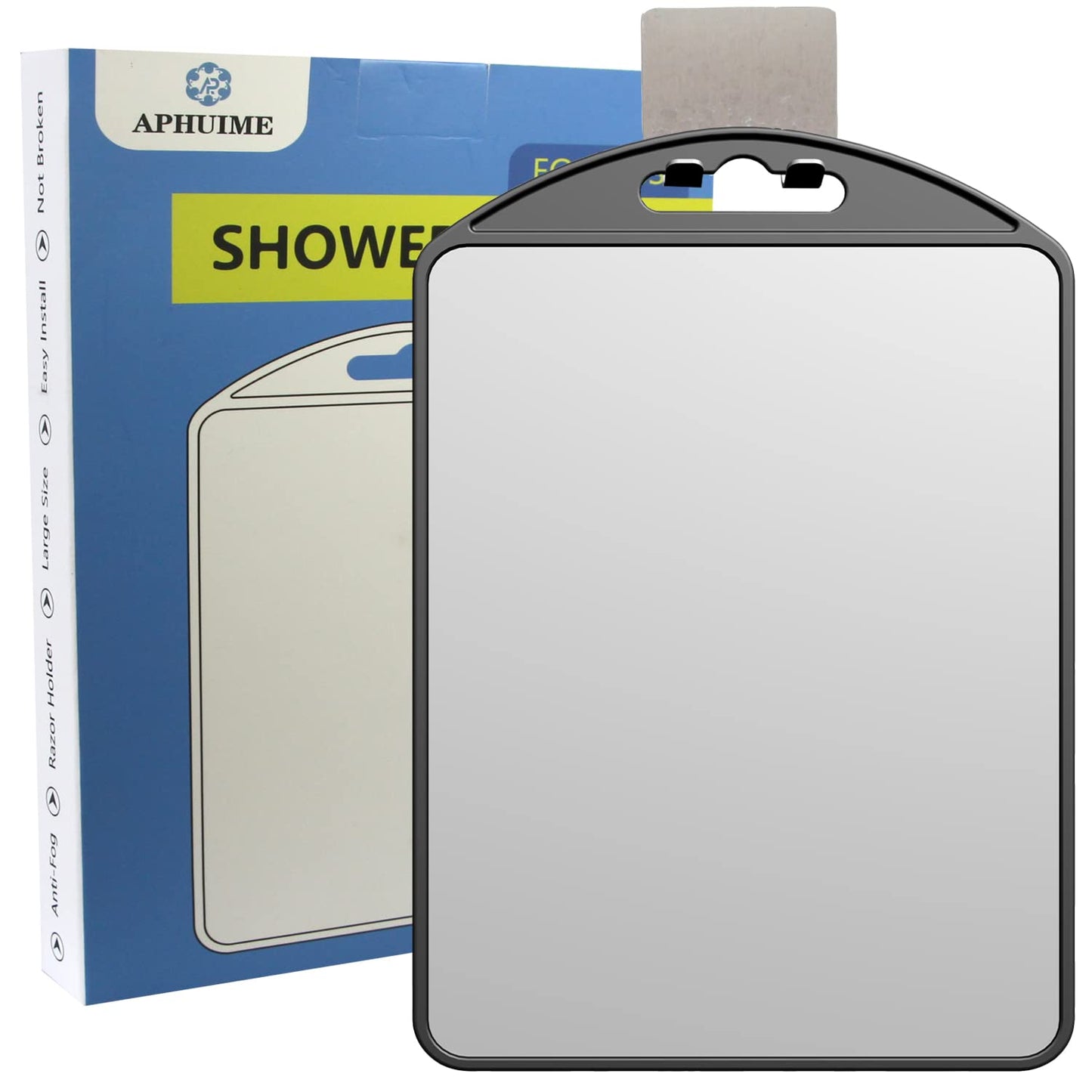 APHUIME-Deluxe Large Fogless Shower Mirror for Shaving (10.1x6.6in) With Razor Holder Hook, Anti-Fog Bathroom Makeup Shave Wall Hanging Mirror (Black)