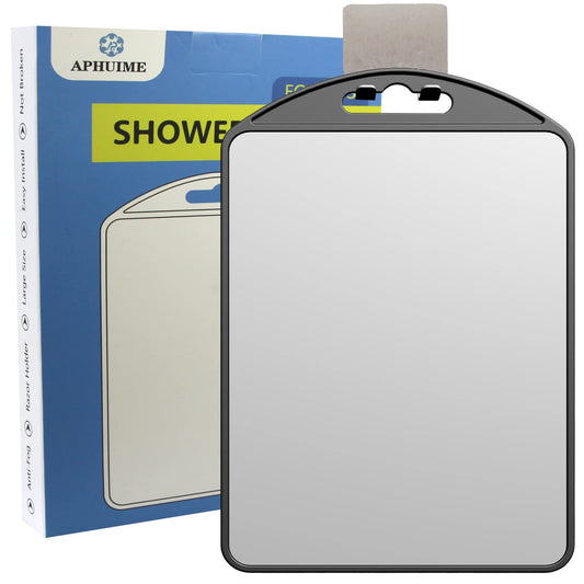APHUIME-Deluxe Large Fogless Shower Mirror for Shaving (10.1x6.6in) With Razor Holder Hook, Anti-Fog Bathroom Makeup Shave Wall Hanging Mirror (Black)